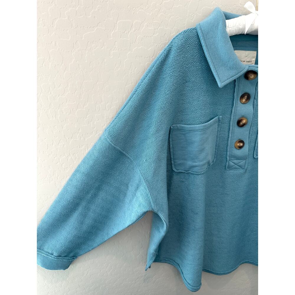 American Eagle Blue Oversized Collared Henley Swe… - image 4